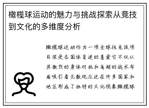 橄榄球运动的魅力与挑战探索从竞技到文化的多维度分析